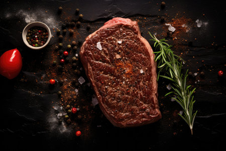 Raw steak with rosemary, pepper and salt on a black backgroundの素材