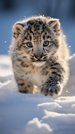 Snow leopard cub (Panthera uncia) in the snowの素材
