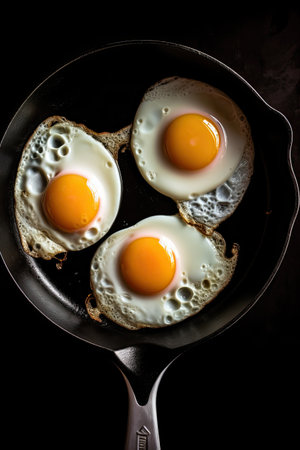 Fried eggs in a frying pan on a black background. Toned.の素材