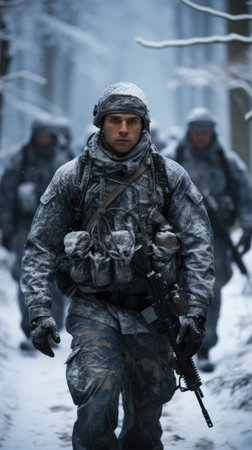 Special forces soldiers in action during a military operation in winterの素材