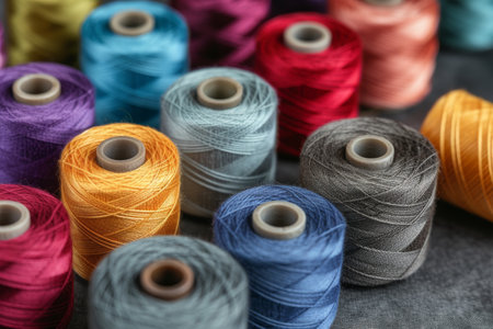 Colorful spools of thread on gray background, closeup viewの素材