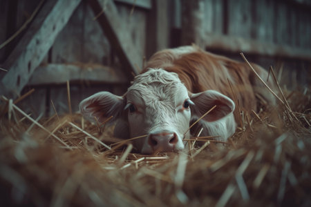 Calf and cow in the hay in the barn, vintage styleの素材