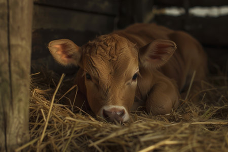 Calf in the barn. Selective focus. Shallow depth of field.の素材