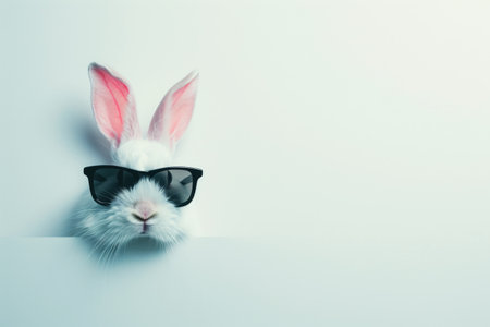Cute rabbit wearing sunglasses on white background with space for text.の素材