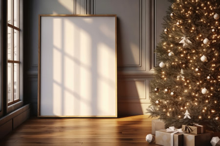 Mock up poster frame in classic interior with Christmas tree and gifts. 3D renderingの素材