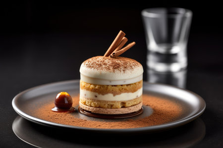 Classic tiramisu dessert on a dark background. Copyspace.の素材