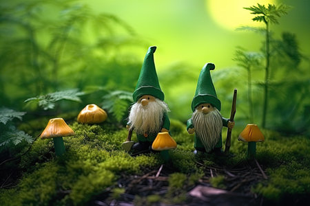 Garden gnomes on moss background. Christmas and New Year concept.の素材