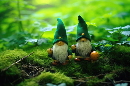 Garden gnomes on moss background. Christmas and New Year concept.の素材