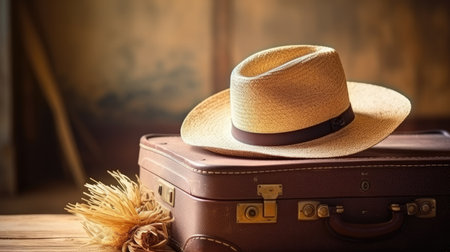 Vintage suitcase and hat on wooden table. Travel and vacation conceptの素材