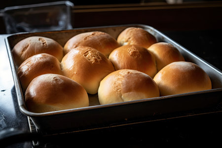 Freshly baked buns in a baking tray. Selective focus.の素材