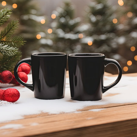 Two black coffee mugs on wooden table in front of Christmas treeの素材