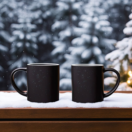 Two black coffee mugs on wooden table in front of snow covered fir treeの素材