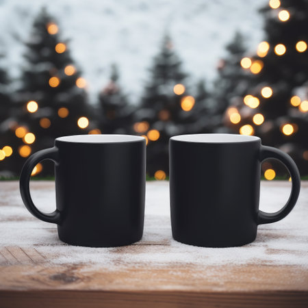 Two black coffee mugs on wooden table in front of Christmas treeの素材