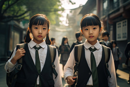 Portrait of Asian school girls with backpacks walking in the streetの素材