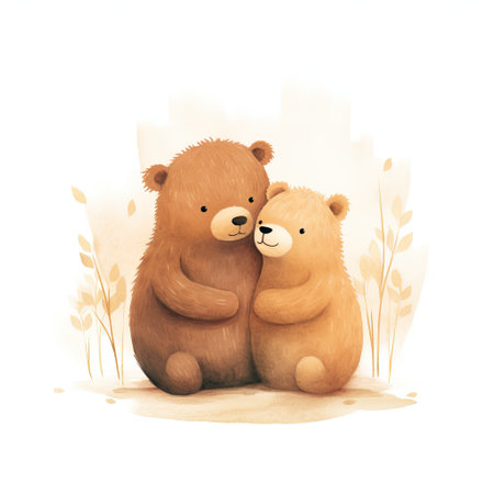 Hand drawn watercolor illustration of two bears hugging each other, isolated on white backgroundの素材