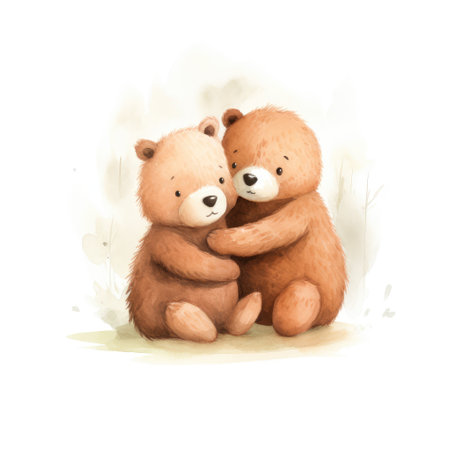Watercolor hand drawn illustration of two cute bears hugging each other.の素材