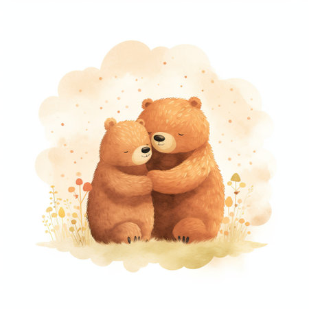 Watercolor illustration of two cute bears hugging each other on a white background.の素材