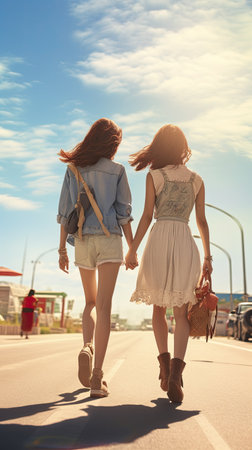 Back view of two young women in summer clothes walking on the streetの素材