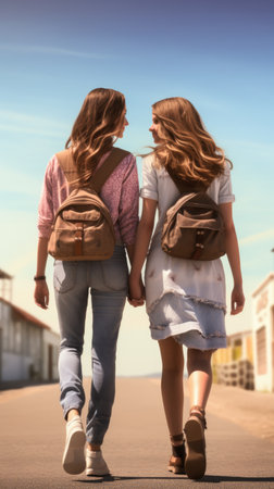Beautiful young women with backpacks walking on the street on a sunny dayの素材