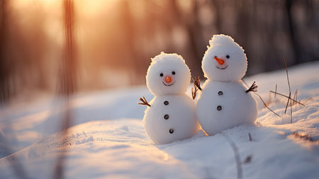 Two snowmen in the winter forest at sunset. Winter landscape.の素材