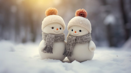 Two snowmen in knitted hats and scarves in winter forestの素材