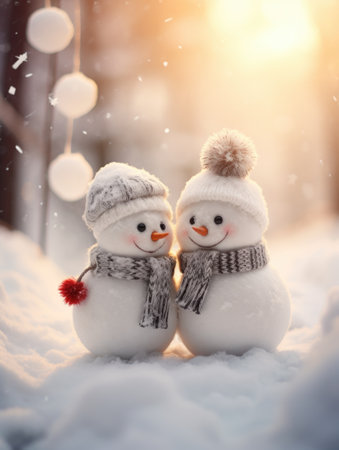 Two snowmen in warm hats and scarves on the background of a winter landscape.の素材