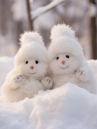 Two snowmen in the winter forest. Snowman family on the snowの素材