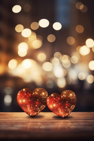 Two hearts on wooden table in front of bokeh lights backgroundの素材