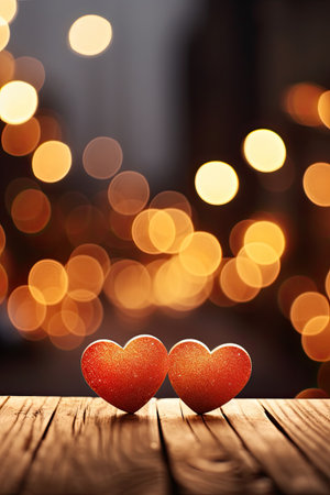 Two red hearts on wooden table in front of bokeh lightsの素材