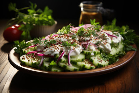 Salad with cucumber, onion and mayonnaise on wooden tableの素材