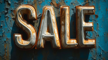 Sale sign on the background of the old blue metal wall.の素材