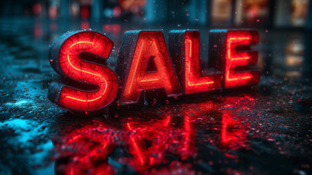 Sale neon sign on dark background. 3D illustrations. Shallow depth of field.の素材