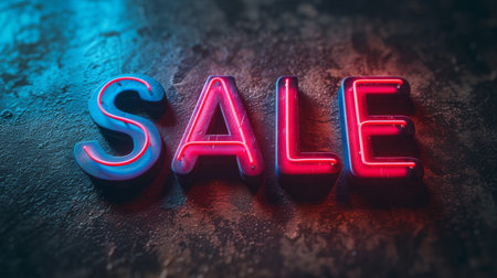 Sale neon sign on dark textured background. 3D rendering.の素材