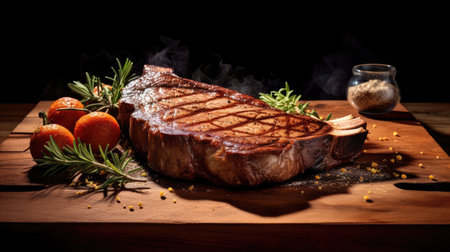 grilled beef steak with rosemary and spices on a wooden boardの素材