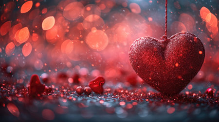 Valentines day background with red heart on bokeh backgroundの素材