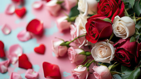 Beautiful roses and petals on blue background, valentines day conceptの素材