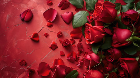 Red rose petals and green leaves on red background. Valentines day concept.の素材