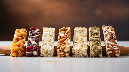 Granola bar with nuts and raisins on a wooden backgroundの素材