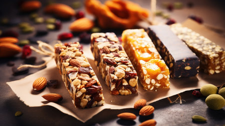 Granola bars with nuts and raisins on dark backgroundの素材