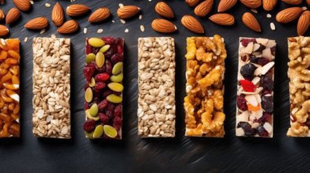 Granola bars with nuts, raisins and dried fruits on black background, top viewの素材