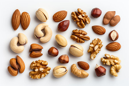 Nut mix isolated on white background. Top view. Flat lay.の素材