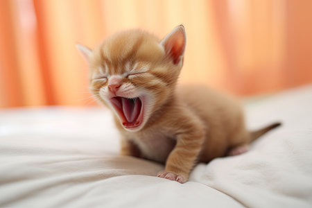 Cute little kitten yawning on bed at home. Adorable petの素材