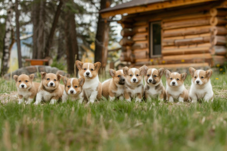 Group of Welsh Corgi Pembroke puppies in front of a log houseの素材