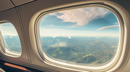 View from the airplane window on the mountains and clouds in the skyの素材