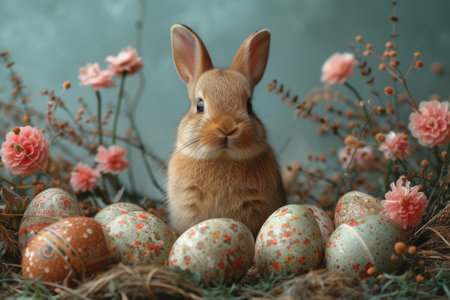 Cute little rabbit and easter eggs in nest on color backgroundの素材