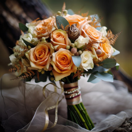 Wedding bouquet of orange roses on a wooden background.の素材