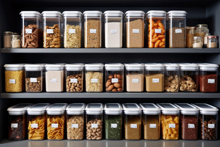 Glass jars with different types of nuts and seeds on shelves in supermarketの素材