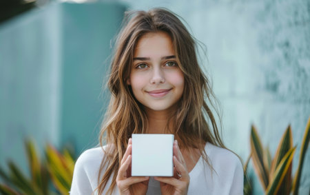 Portrait of a young woman holding a blank white business card.の素材