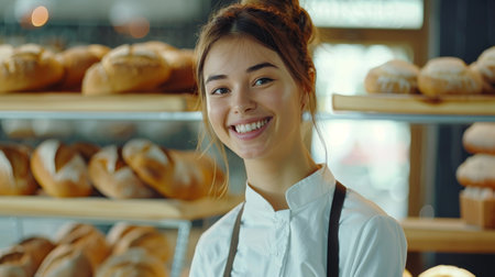 Portrait of beautiful young female baker smiling at camera while standing in bakeryの素材