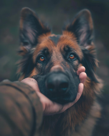German shepherd in the hands of a man. Selective focus. Toned.の素材